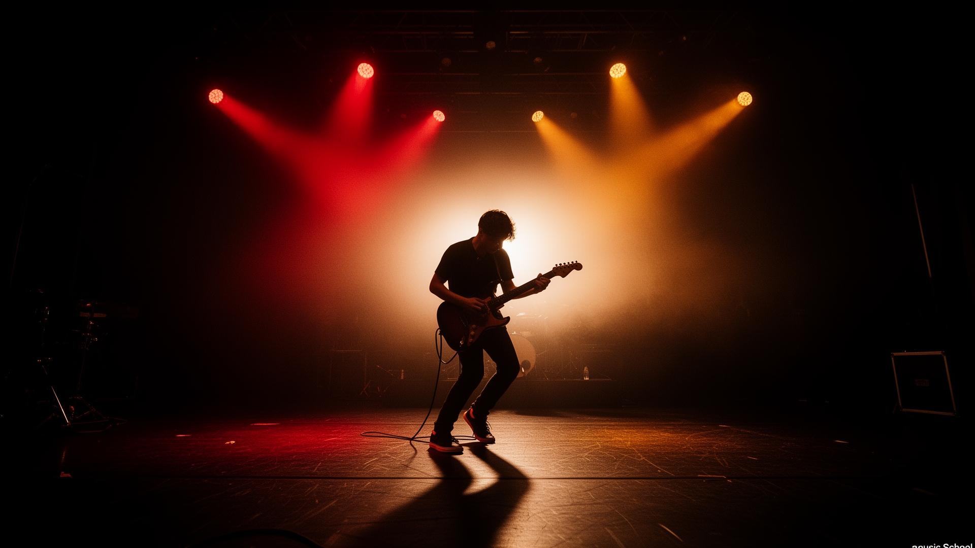 Guitarrista em palco com luzes dramáticas